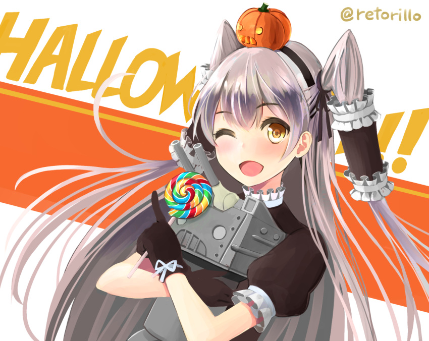 1girl ;d amatsukaze_(kantai_collection) artist_name black_gloves brown_eyes candy frills gloves hair_ornament halloween holding kantai_collection lollipop long_hair one_eye_closed open_mouth pointy_ears puffy_short_sleeves puffy_sleeves pumpkin_hair_ornament rensouhou-kun retorillo ribbon short_sleeves silver_hair simple_background smile sweets tube twintails very_long_hair