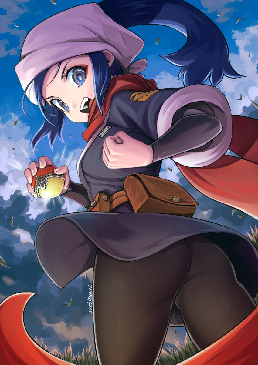 1girl absurdres akari_(pokemon) ass black_legwear blue_eyes blue_hair brown_bag brown_legwear clenched_hand clip_studio_paint_(medium) clouds commentary_request eudetenis eyelashes floating_hair grass head_scarf highres holding holding_poke_ball leaves_in_wind long_hair looking_back open_mouth outdoors pantyhose poke_ball poke_ball_(legends) pokemon pokemon_(game) pokemon_legends:_arceus ponytail scarf sidelocks sky solo thighs tongue undershirt upper_teeth white_headwear