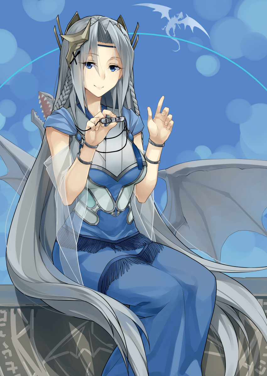 1girl absurdres blue-eyes_white_dragon blue_eyes breasts dragon duel_monster frostcyco highres large_breasts long_hair looking_at_viewer priestess_with_eyes_of_blue silver_hair sitting solo tagme very_long_hair yuu-gi-ou