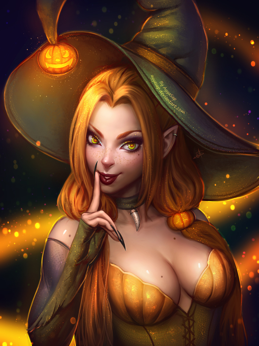 1girl artist_name ayyasap black_fingernails breasts choker cleavage detached_sleeves finger_to_mouth fingernails freckles glowing green_eyes hair_ornament halloween hat highres liver_spots long_fingernails looking_at_viewer orange_hair original parted_lips pointy_ears pumpkin pumpkin_hair_ornament solo upper_body watermark web_address witch witch_hat