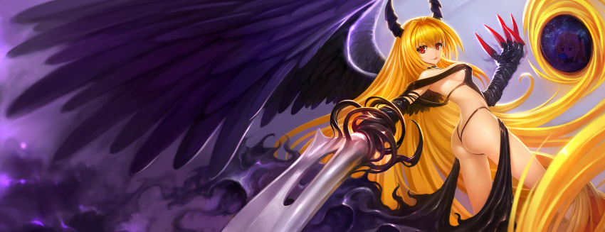 1girl :q absurdly_long_hair arched_back ass bangs black_panties blonde_hair choker claw_(weapon) closed_mouth dual_wielding feathered_wings frills hanshu highleg highleg_panties highres horns konjiki_no_yami long_hair looking_at_viewer off_shoulder panties purple_wings red_eyes revealing_clothes smile smoke solo space sword to_love-ru tongue tongue_out underwear very_long_hair weapon wings