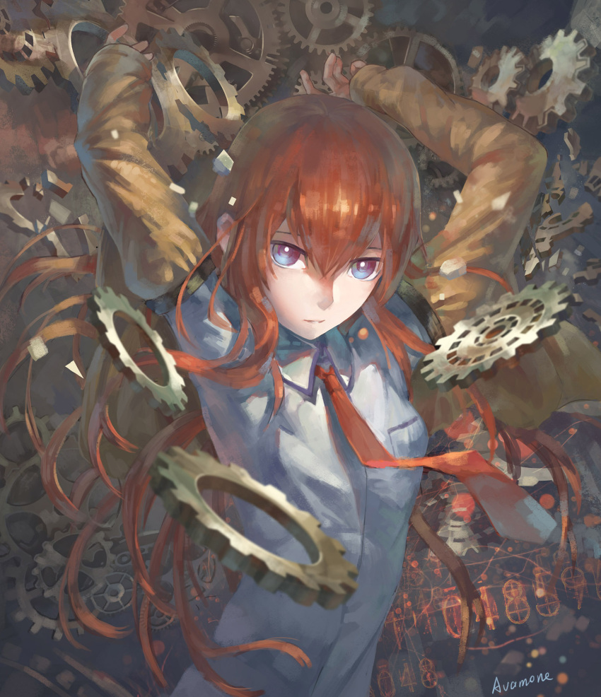 1girl arms_up artist_name avamone bangs blue_eyes broken brown_hair collared_shirt dress_shirt gears highres jacket long_hair long_sleeves makise_kurisu necktie number parted_lips red_necktie redhead shirt sleeves_past_wrists solo steins;gate text upper_body white_background