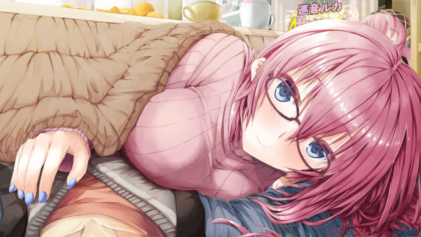 1boy 1girl bangs blanket blue_eyes blue_nails breasts character_name cleavage close-up closed_mouth collarbone cup daidou_(demitasse) food fruit girl_on_top glasses hetero highres japanese kotatsu long_hair looking_at_viewer megurine_luka mug nail_polish open_mouth orange pov purple_hair ribbed_sweater shelf sleeping smile solo_focus sweater table takoluka television under_covers under_kotatsu under_table vocaloid