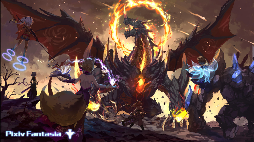 4girls absurdres animal_ears battle book dragon electricity fire fox_ears fox_tail group_battle highres levitation magic mask_on_head multiple_girls outdoors pixiv_fantasia short_hair silver_hair staff stflash tail twintails western_dragon wings