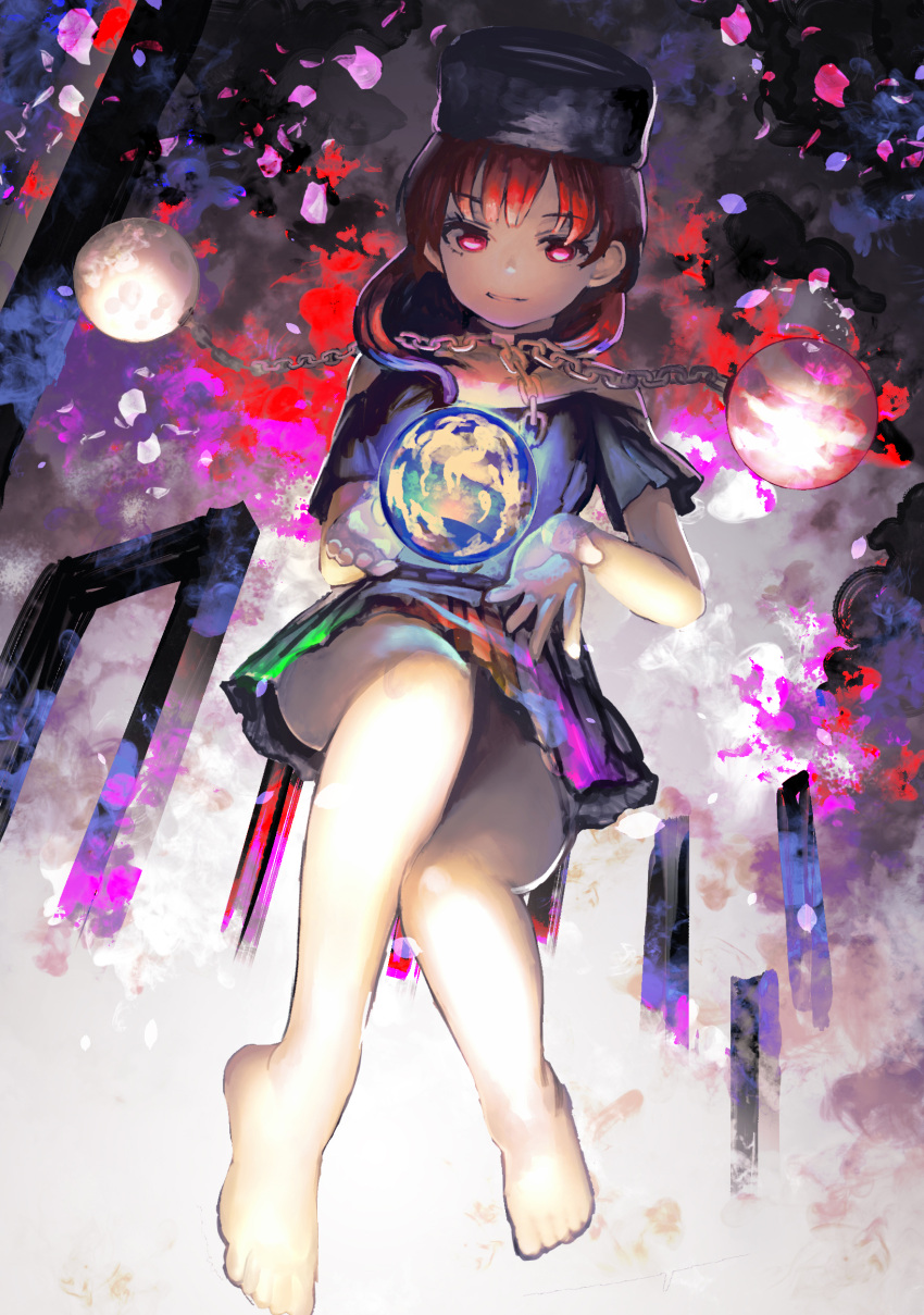 1girl absurdres barefoot black_shirt collar earth_(ornament) floating glowing gold_chain hair_over_shoulder hat hecatia_lapislazuli highres legs long_hair moon_(ornament) multicolored_skirt off-shoulder_shirt open_hands organ_derwald perspective petals red_eyes redhead reflective_eyes shirt short_sleeves smile solo touhou
