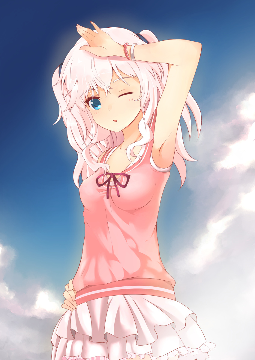 1girl ;o absurdres armpits arms_up blue_eyes bracelet charlotte_(anime) collarbone cowboy_shot frilled_skirt frills hand_on_head hand_on_hip highres jewelry one_eye_closed parted_lips pink_hair pink_skirt shirt skirt sleeveless sleeveless_shirt solo sylux tomori_nao two_side_up white_shirt