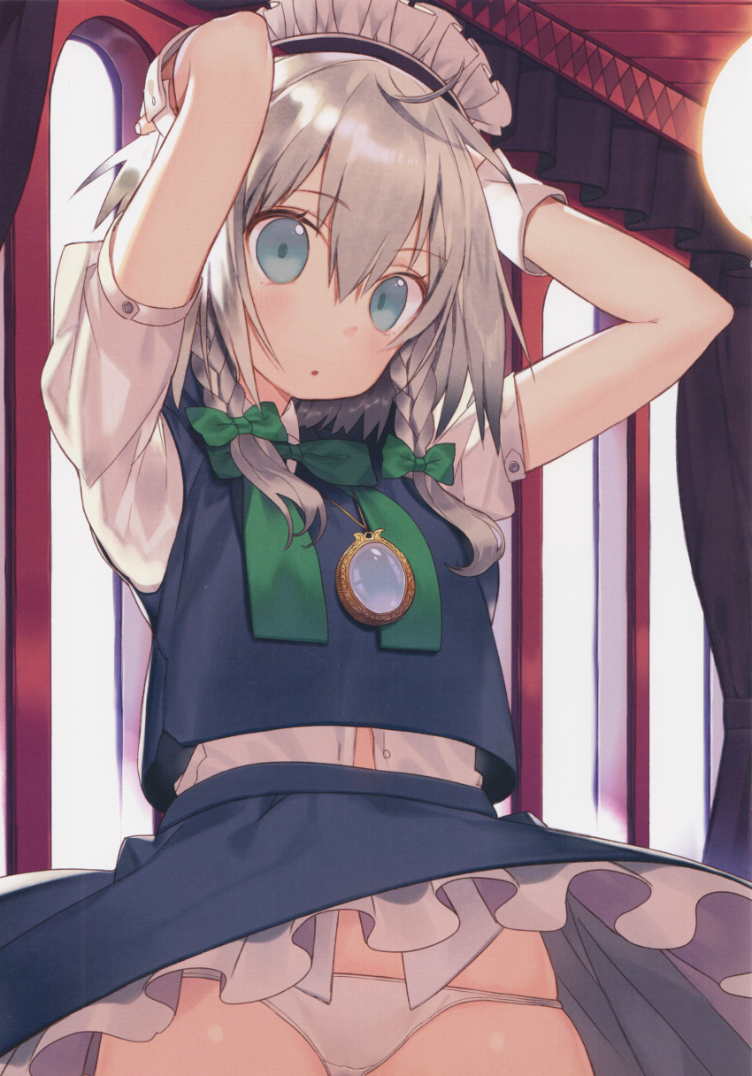 1girl absurdres arms_up blue_eyes blush bow braid chalcedony hair_bow hair_ornament highres huge_filesize izayoi_sakuya jewelry looking_at_viewer maid_headdress misoni_comi necklace open_mouth panties pantyshot puffy_sleeves scan shirt short_hair short_sleeves silver_hair skirt skirt_set solo touhou twin_braids unbuttoned underwear upskirt vest white_panties wrist_cuffs