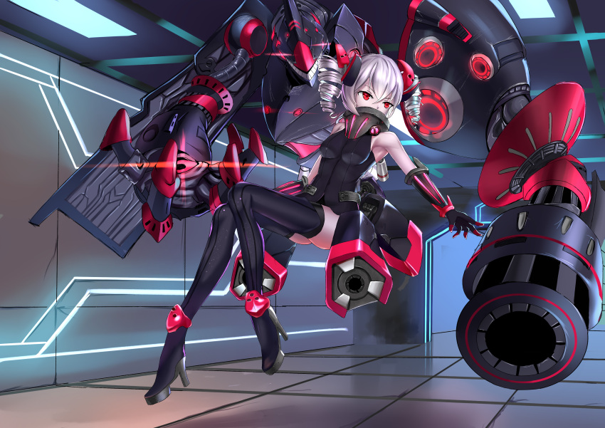 1girl absurdres armpits bangs bare_shoulders black_footwear black_gloves black_leotard boots bronya_zaychik bronya_zaychik_(black_nucleus) drill_hair elbow_gloves floating floor full_body gloves grey_hair hair_between_eyes hair_ornament highres honkai_(series) honkai_impact_3rd indoors leotard looking_to_the_side pale_skin project_bunny red_eyes smile solo thigh-highs thigh_boots twin_drills ying_fa