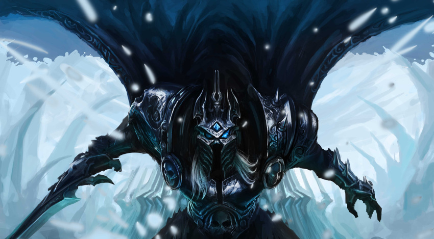 1boy absurdres armor arthas_menethil blue_eyes burning_eyes chenbo crown frostmourne full_armor gauntlets helmet highres holding_sword holding_weapon lich_king outdoors silver_hair skull snow solo spaulders sword warcraft weapon world_of_warcraft