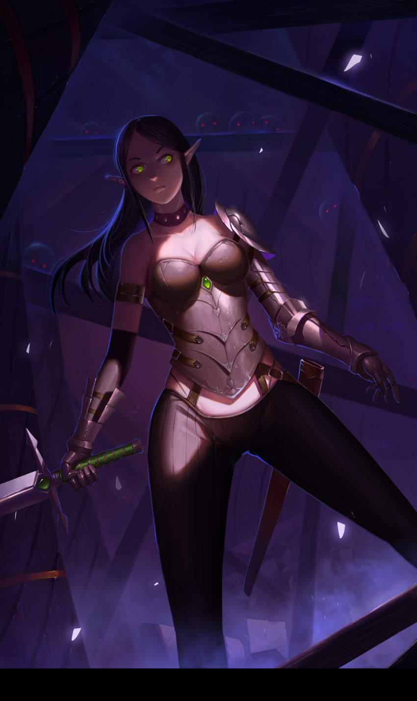 1girl absurdres backlighting bare_shoulders black_hair breasts claymore_(sword) cleavage collarbone corset cowboy_shot dutch_angle facing_viewer gauntlets glowing glowing_eyes green_eyes highres holding_sword holding_weapon long_hair looking_away original plate_armor pointy_ears qianbi scabbard serious shadow sheath side_glance single_spaulder solo spread_legs standing sword weapon