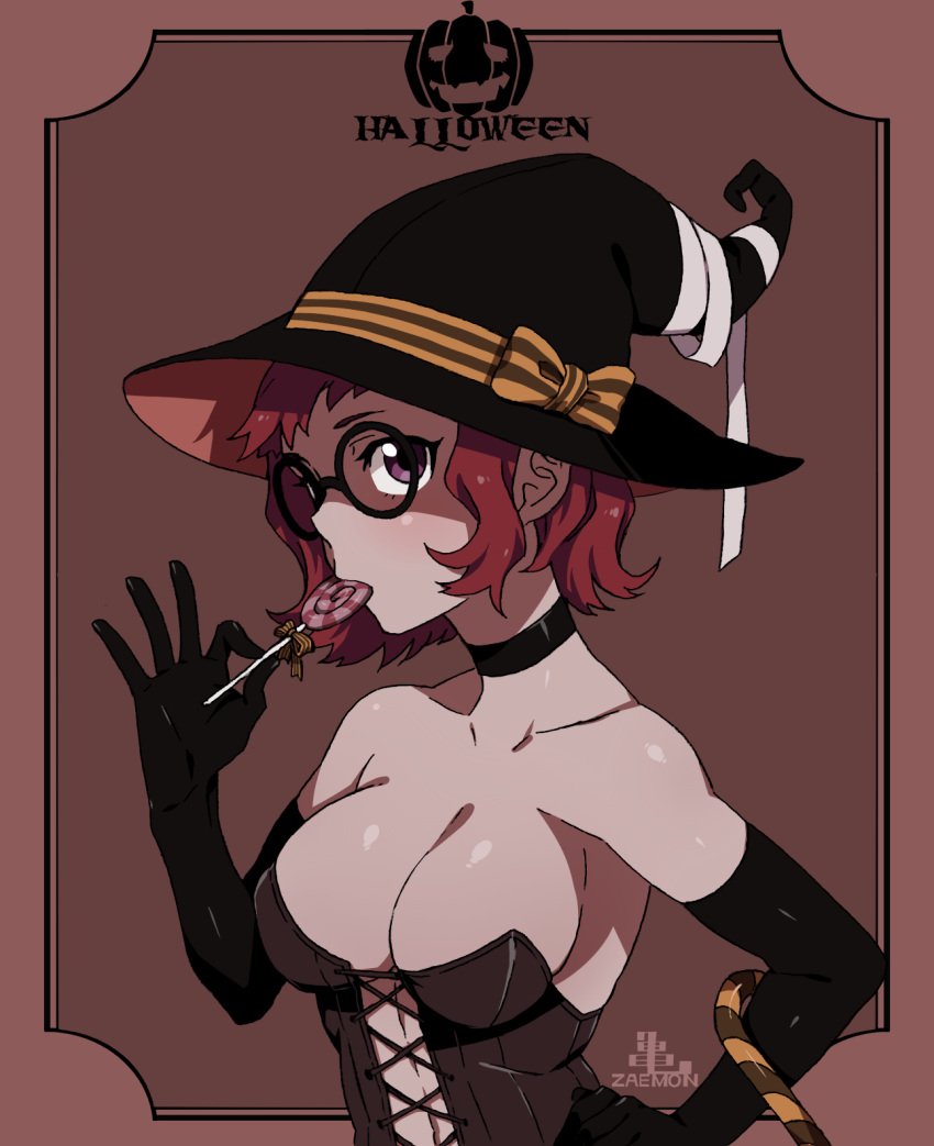 1girl bare_shoulders breasts bustier candy candy_cane choker cleavage elbow_gloves glasses gloves halloween hat highres kamezaemon large_breasts lollipop original red_eyes redhead short_hair solo witch_hat