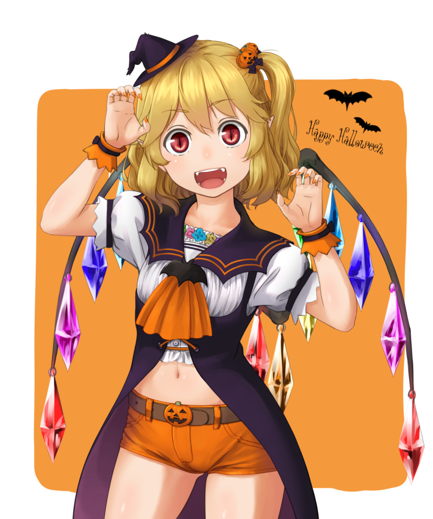 1girl alternate_costume ascot bat belt blonde_hair brooch commentary_request cowboy_shot fangs flandre_scarlet halloween halloween_costume highres jack-o'-lantern_hair_ornament jewelry kitano_(kitanosnowwhite) mini_witch_hat nail_polish open_mouth puffy_short_sleeves puffy_sleeves red_eyes shirt short_sleeves shorts side_ponytail slit_pupils smile tailcoat thighs touhou wings wrist_cuffs yellow_nails