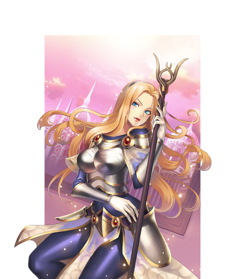 1girl absurdres blonde_hair blue_eyes dress gloves hairband highres league_of_legends long_hair luxanna_crownguard pan_duo_la pantyhose sky solo staff white_gloves