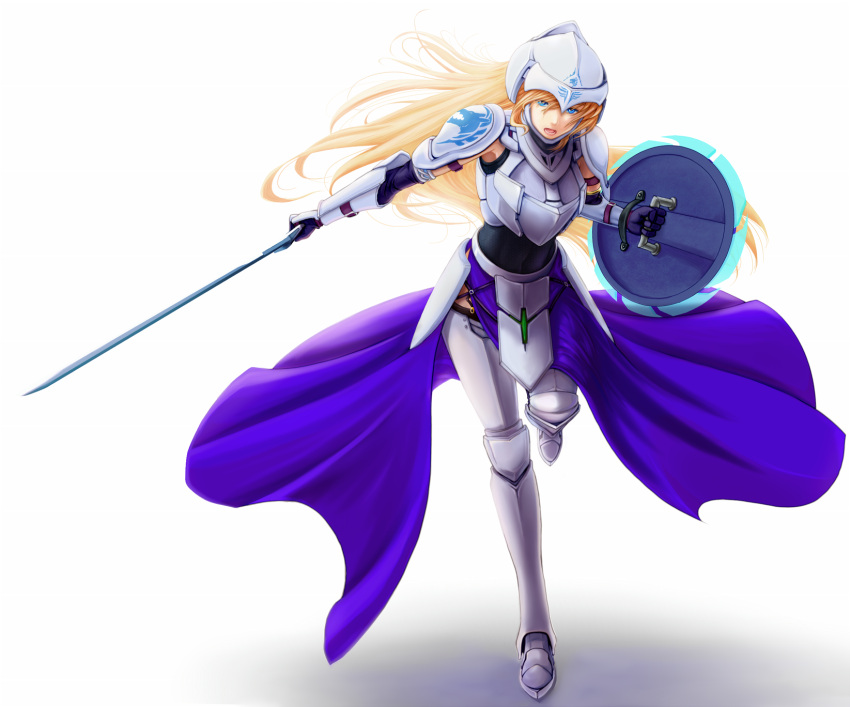 1girl aqua_eyes armor blonde_hair byo_(daigakunote) fantasy helmet highres long_hair open_mouth original shield solo sword weapon