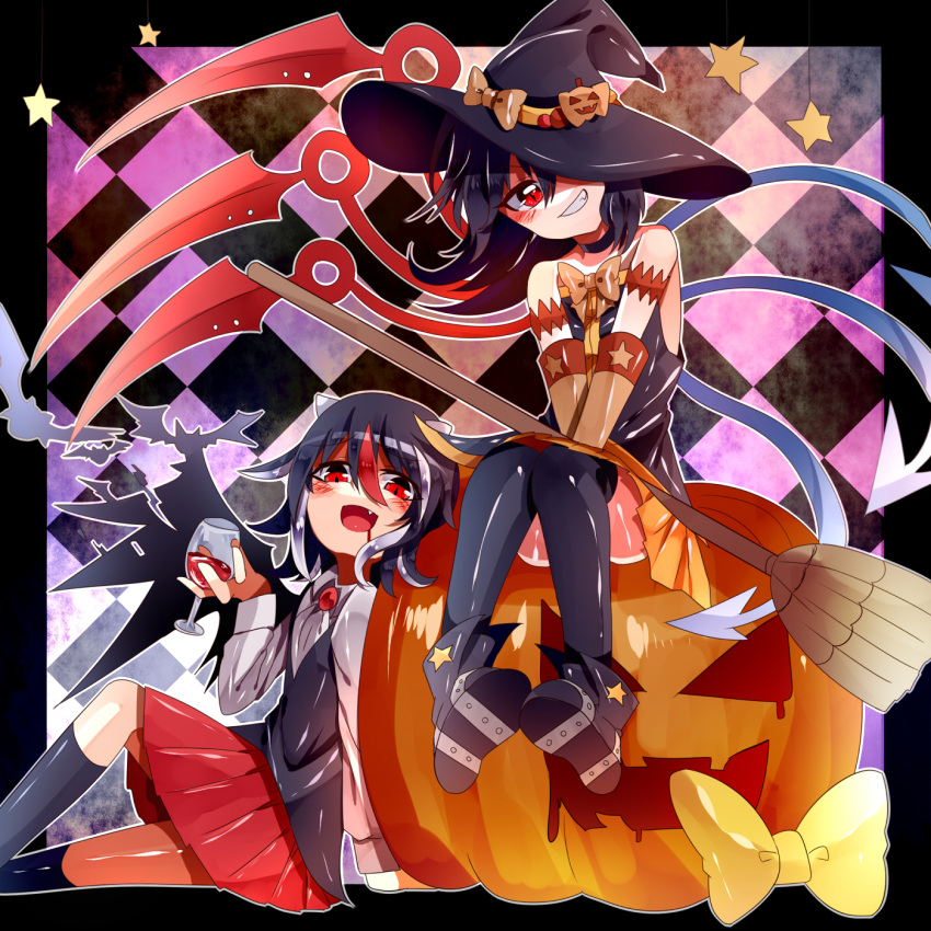 2girls argyle argyle_background ascot asuku_(69-1-31) asymmetrical_wings bat black_hair black_legwear blush boots border bow broom brown_gloves choker convenient_leg cup dress drinking_glass fang gloves grin halloween_costume hat hat_over_one_eye hat_ribbon highres horns houjuu_nue jack-o'-lantern kijin_seija kneehighs long_sleeves looking_at_viewer multicolored_hair multiple_girls open_mouth red_eyes redhead ribbon shirt short_hair silver_hair sitting skirt smile star strapless_dress touhou vest wine_glass wings witch_hat