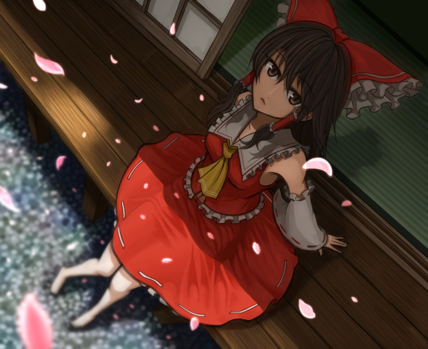 1girl barefoot blurry bow breasts brown_eyes brown_hair cherry_blossoms depth_of_field detached_sleeves error expressionless frilled_bow frilled_collar frilled_shirt frills from_above hair_bow hair_tubes hakurei_reimu highres large_bow lazy_eye legs long_hair long_skirt looking_up midriff navel outdoors parted_lips pebble petals porch rapuka red_skirt ribbon-trimmed_skirt ribbon-trimmed_sleeves ribbon_trim shadow sitting skirt sleeveless solo sunlight tatami thighs touhou