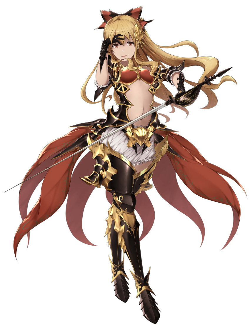 1girl absurdres armor blonde_hair bow breastplate brown_eyes center_opening floating_hair frills full_body gauntlets granblue_fantasy hair_bow hair_ornament hand_on_forehead highres holding_sword holding_weapon jewelry long_hair long_sword looking_at_viewer navel parted_lips ponytail shoulder_pads simple_background skirt sword takahan vila weapon white_background white_skirt
