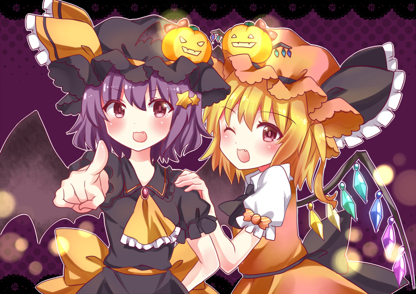 2girls alternate_color arm_behind_back bat_wings blonde_hair blush brooch chako_(chakoxxx) color_coordination cowboy_shot cravat fang flandre_scarlet hair_ornament halloween hand_on_another's_shoulder hat hat_ornament highres jack-o'-lantern jewelry lace_border light_particles mob_cap multiple_girls one_eye_closed open_mouth pointing pointing_at_viewer puffy_short_sleeves puffy_sleeves purple_background purple_hair red_eyes remilia_scarlet short_hair short_sleeves siblings side_ponytail sisters skirt skirt_set star_hair_ornament touhou wings