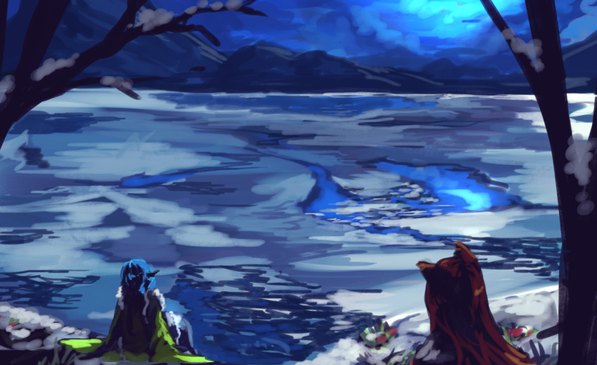 2girls animal_ears berabou blue_hair brown_hair clouds cloudy_sky commentary_request crescent_moon fins from_above from_behind frozen_lake grass ice imaizumi_kagerou japanese_clothes kimono long_sleeves melting mermaid misty_lake monster_girl moon mountain multiple_girls night night_sky reflection silhouette sitting sky snow touhou wakasagihime wide_sleeves wolf_ears
