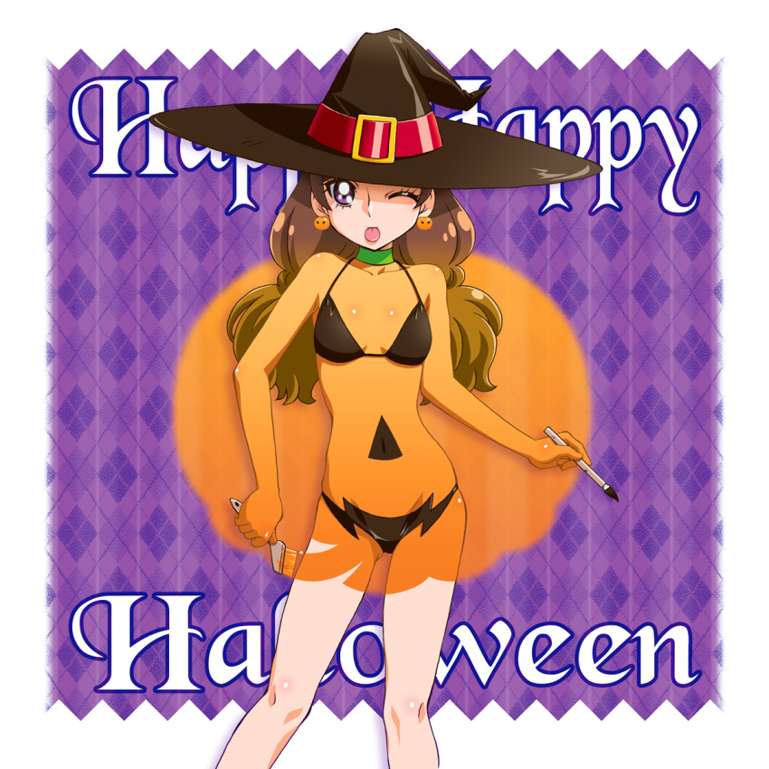 1girl :p amanogawa_kirara bodypaint boo_(takagi) brown_hair choker covered_navel earrings english go!_princess_precure halloween hat highres jack-o'-lantern jewelry one_eye_closed precure solo swimsuit tongue tongue_out twintails violet_eyes witch_hat
