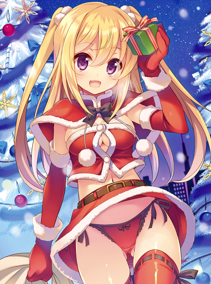 1girl :d arm_up ass_visible_through_thighs blonde_hair bow bow_panties breasts breath capelet christmas christmas_tree cleavage dengeki_moeou elbow_gloves fur_trim gift gloves highres looking_at_viewer navel night night_sky open_mouth panties pantyshot pantyshot_(standing) red_gloves red_legwear red_panties ribbon-trimmed_legwear ribbon_trim sack scan side-tie_panties skirt sky smile snowing solo standing strapless takei_ooki thigh-highs tubetop twintails two_side_up underwear violet_eyes