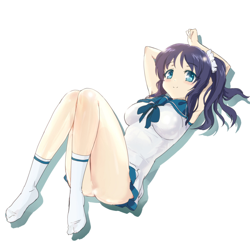 armpits blue_eyes blush highres long_hair looking_at_viewer makacoon school_uniform serafuku side_ponytail smile socks