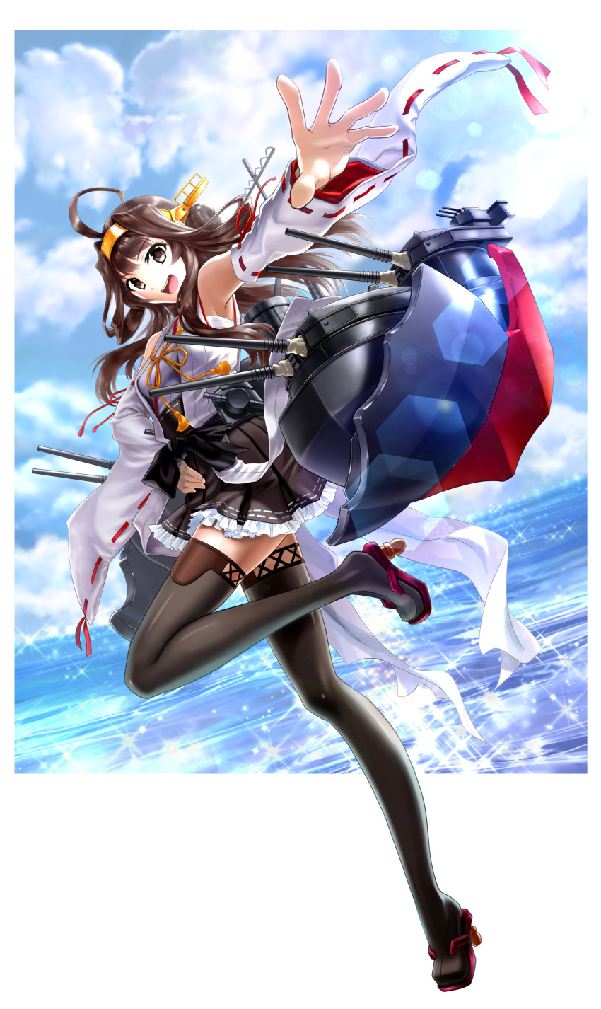 1girl absurdres ahoge blue_sky brown_eyes brown_hair cannon detached_sleeves double_bun full_body hairband highres kantai_collection kongou_(kantai_collection) long_hair looking_at_viewer mashima_misuzu nontraditional_miko open_mouth outstretched_arm outstretched_hand skirt sky smile solo sparkle thigh-highs water zettai_ryouiki