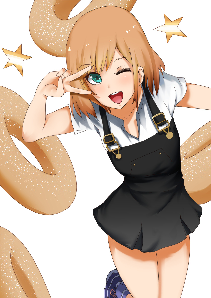 1girl ;d absurdres aqua_eyes blonde_hair blue_legwear contrapposto doughnut folded_leg food hand_on_own_face highres looking_at_viewer miyamori_aoi norman_maggot one_eye_closed open_mouth overall_skirt shirobako shoes short_hair short_sleeves smile sneakers socks solo star v white_background