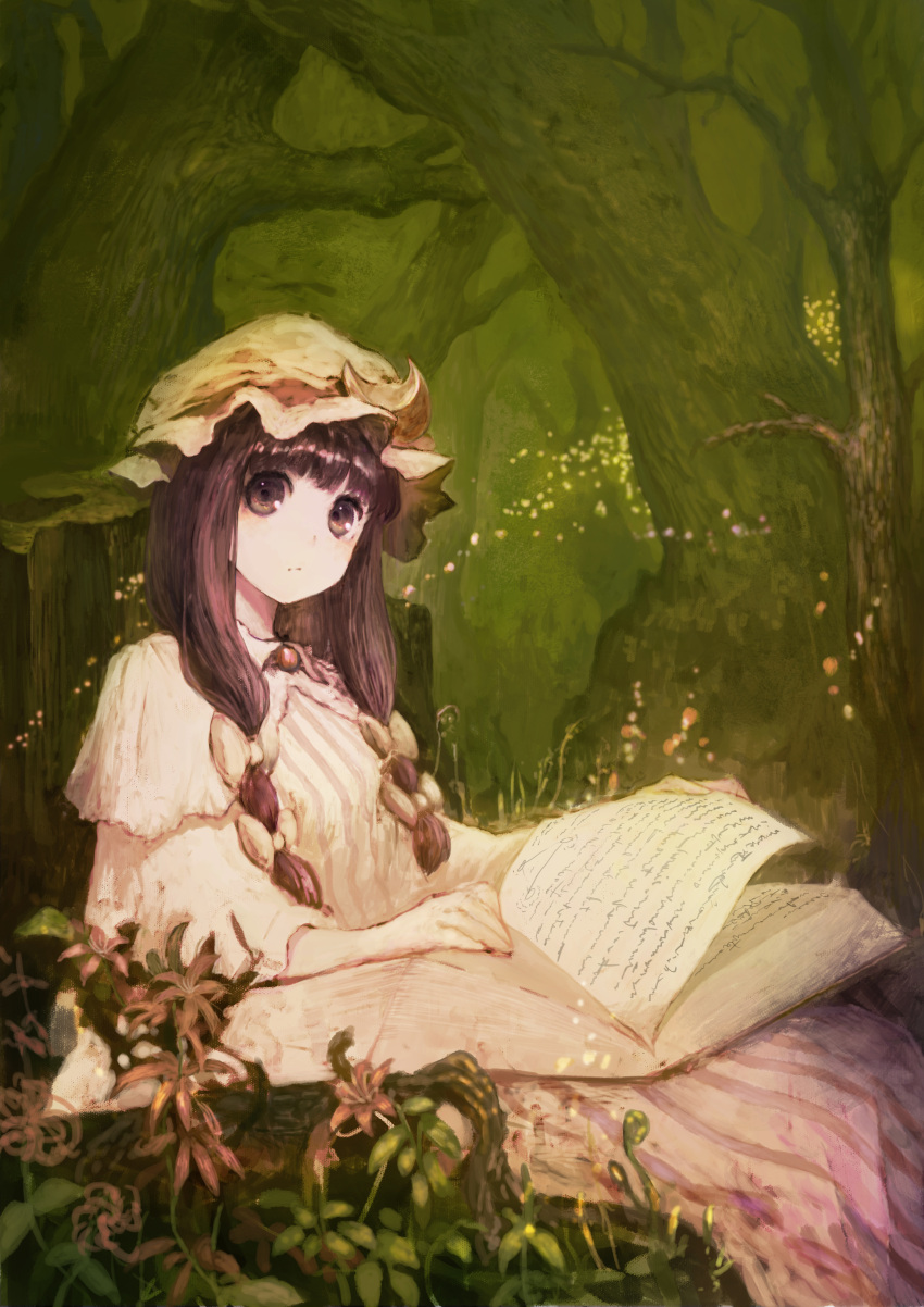 1girl absurdres bangs book bow capelet dress flower forest hair_bow hat highres long_hair matumasima mob_cap multi-tied_hair nature open_book patchouli_knowledge purple_hair sitting striped striped_dress touhou tree violet_eyes