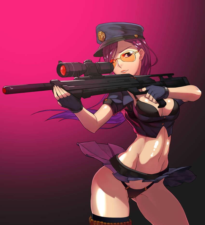 1girl absurdres aiming arched_back ass_visible_through_thighs black_bra black_eyes black_legwear black_panties bra breasts caitlyn_(league_of_legends) cleavage finger_on_trigger fingerless_gloves gloves gradient gradient_background gun hat heihei_de_hei_yan_long highres holding_gun holding_weapon league_of_legends lipstick long_hair makeup midriff minigirl panties parted_lips pink_background pink_hair pleated_skirt purple_hair rifle short_sleeves single_thighhigh skirt skirt_lift solo sunglasses thigh-highs toned underwear upskirt very_long_hair weapon