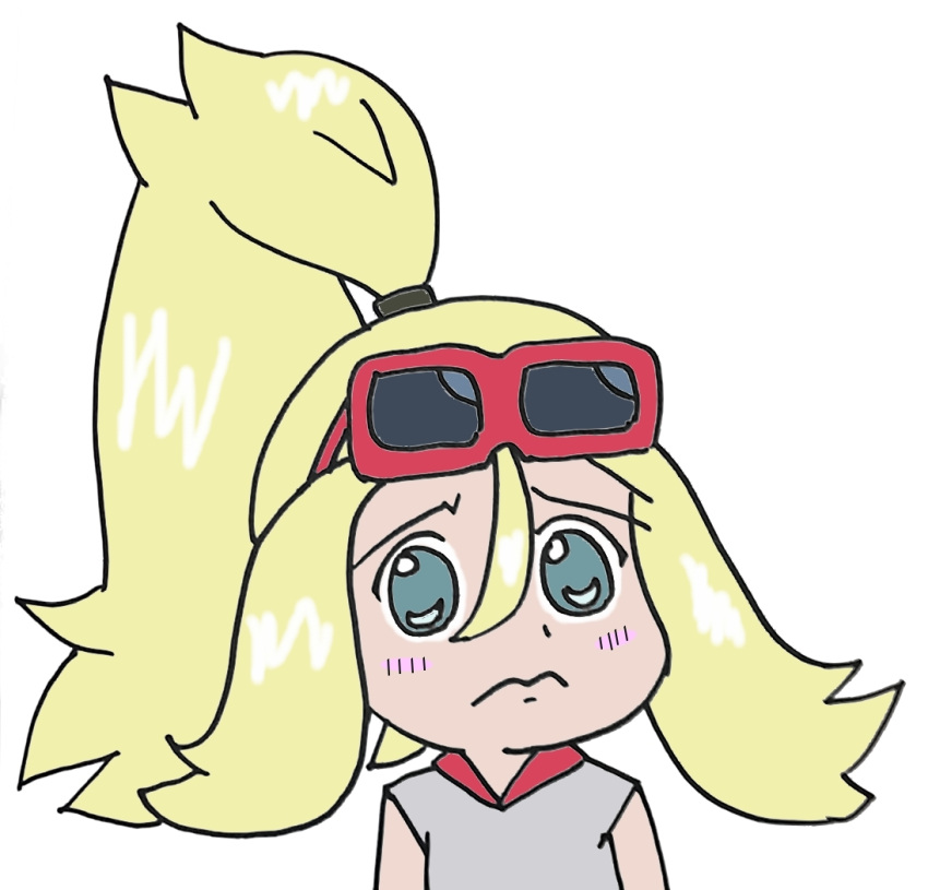 1girl blonde_hair blush commentary_request dot_nose google_glass grey_eyes gyate_gyate koruni_(pokemon) pokemon pokemon_(anime) pokemon_xy_(anime) sad_smile solo