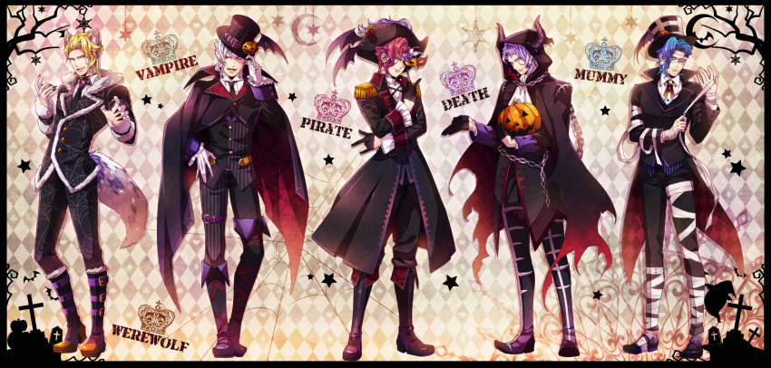 5boys animal_ears argyle argyle_background asymmetrical_clothes bandage_over_one_eye bat_wings belt_boots black_border black_nails blonde_hair blue_eyes blue_hair boots border cape chain coat collar crescent cross crown demon_horns earrings epaulettes fangs fingernails flower formal full_body gloves hair_flower hair_ornament hand_on_hip hat hexagram highres horns jewelry jojo_no_kimyou_na_bouken kakyouin_noriaki knee_boots leg_belt male_focus mask_on_head moru multiple_boys nail_polish neck_ribbon necktie pink_eyes pirate_hat pumpkin purple_hair redhead ribbon sharp_fingernails silhouette star striped tail thigh-highs thigh_boots tombstone top_hat white_gloves white_hair wings wolf_ears wolf_tail yellow_eyes