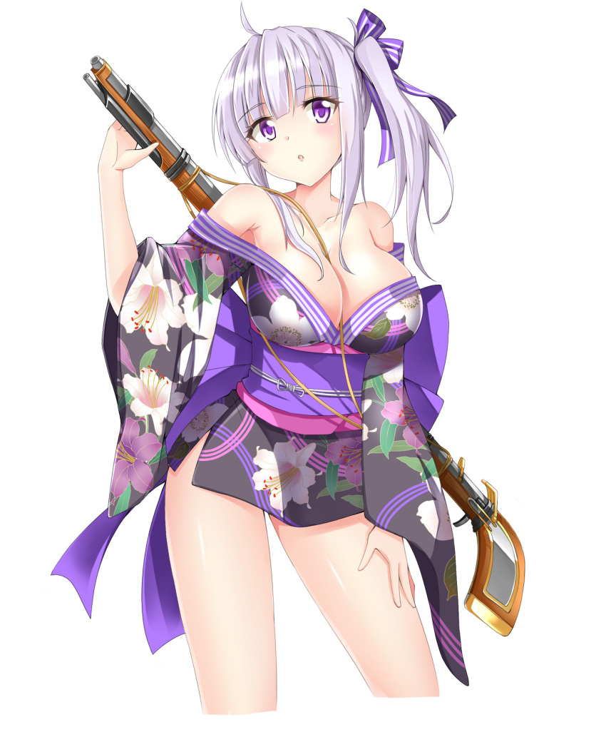 1girl :o ahoge armpits benchen06 between_breasts breasts cleavage collarbone cropped_legs gun hair_ribbon hand_on_leg highres japanese_clothes kimono large_breasts looking_at_viewer off_shoulder one_side_up original parted_lips ribbon rifle short_hair silver_hair simple_background solo standing violet_eyes weapon white_background