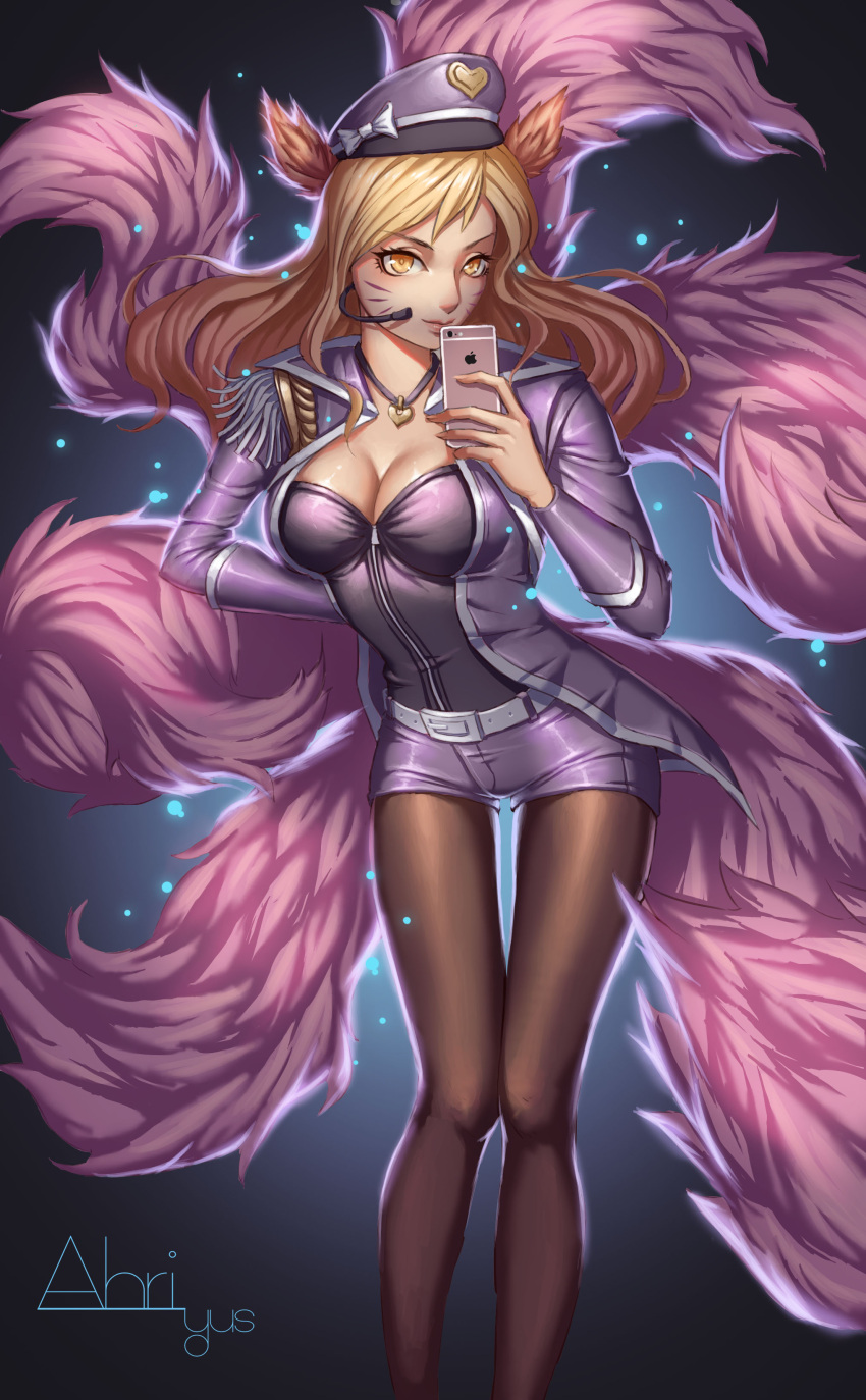 absurdres ahri alternate_costume alternate_hair_color animal_ears artist_name blonde_hair breasts brown_legwear character_name cleavage denim denim_shorts fox_ears fox_tail hat highres league_of_legends lips microphone multiple_tails pantyhose peaked_cap pink_clothes pink_jacket pink_shorts pop_star self_shot shorts simple_background slit_pupils standing tail whisker_markings yellow_eyes yus