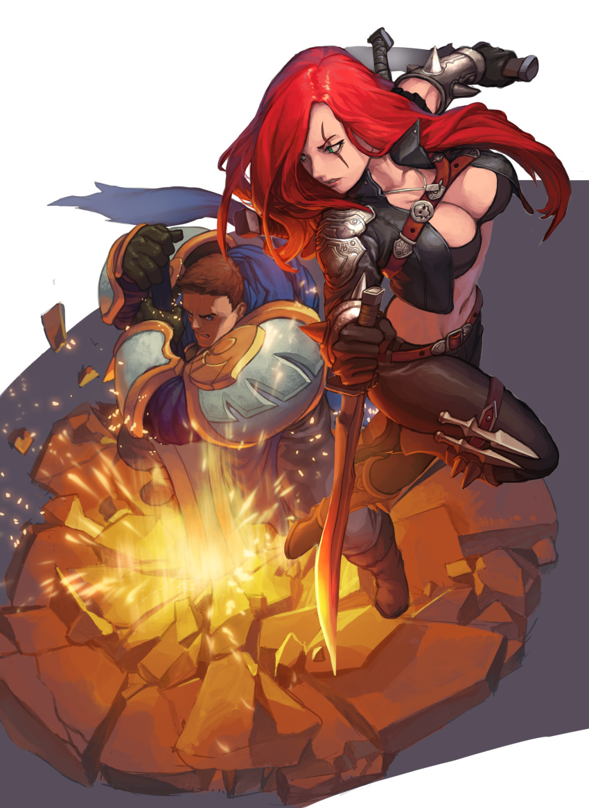 1boy 1girl absurdres armor belt black_gloves black_pants breasts buckle character_request cleavage dual_wielding garen_crownguard gloves highres holding jewelry jumping katarina_du_couteau knife league_of_legends long_hair looking_at_another looking_back necklace pants penett popped_collar redhead rock scar skin_tight sword weapon