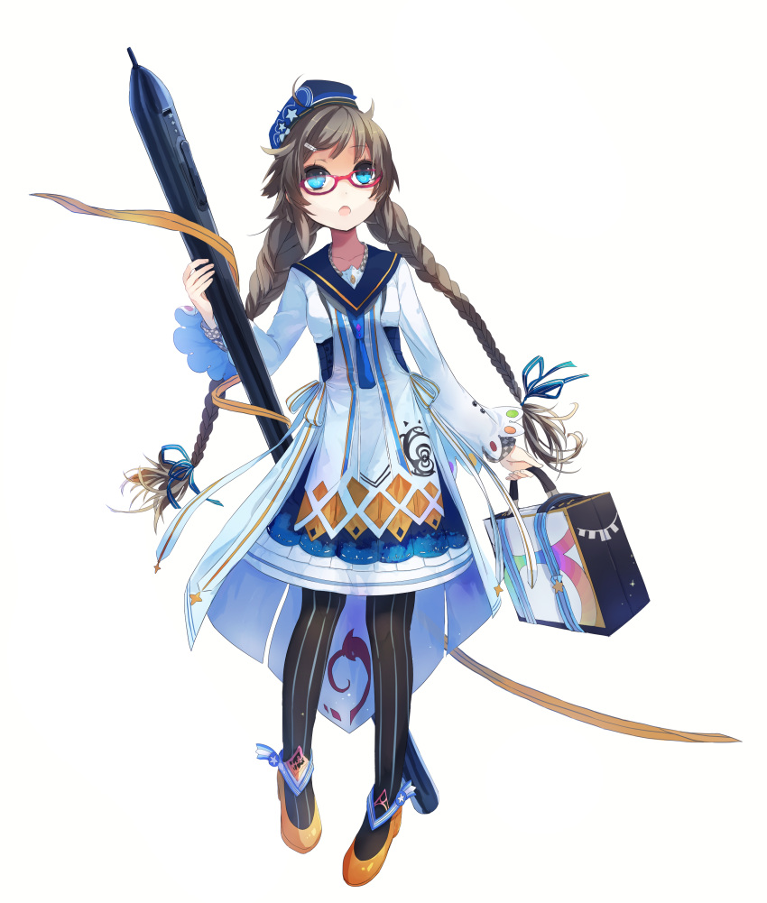 1girl absurdres bag black_legwear blue_eyes brown_hair glasses hat highres looking_at_viewer namae_mayoichuu open_mouth orange_shoes oversized_object shoes shopping_bag solo striped striped_legwear stylus twintails vertical-striped_legwear vertical_stripes white_background