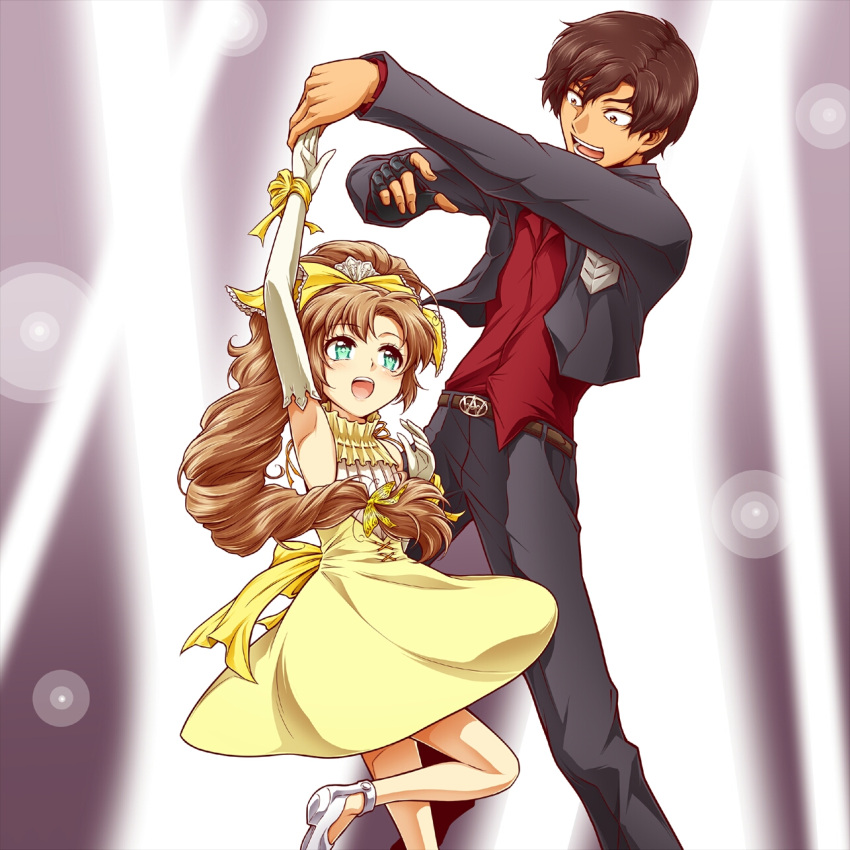 1boy 1girl :d belt black_gloves black_pants bow brown_hair couple dancing elbow_gloves fingerless_gloves formal gloves green_eyes hair_bow hetero highres kazuma_(scryed) long_hair matsushitakun_(matsunosasakure) open_mouth pants ponytail red_shirt scryed shirt shoes single_glove skirt smile white_gloves yellow_bow yellow_skirt yuuta_kanami