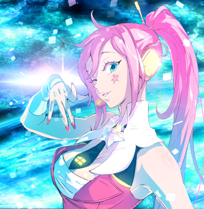 1girl arm_warmers blue_eyes breasts cleavage facial_mark grin headphones headset long_hair looking_at_viewer nail_polish necktie one_eye_closed parted_lips pink_hair pink_nails ponytail short_necktie sleeveless smile solo speaker star uni_(vocaloid) upper_body very_long_hair vocaloid yonsang21