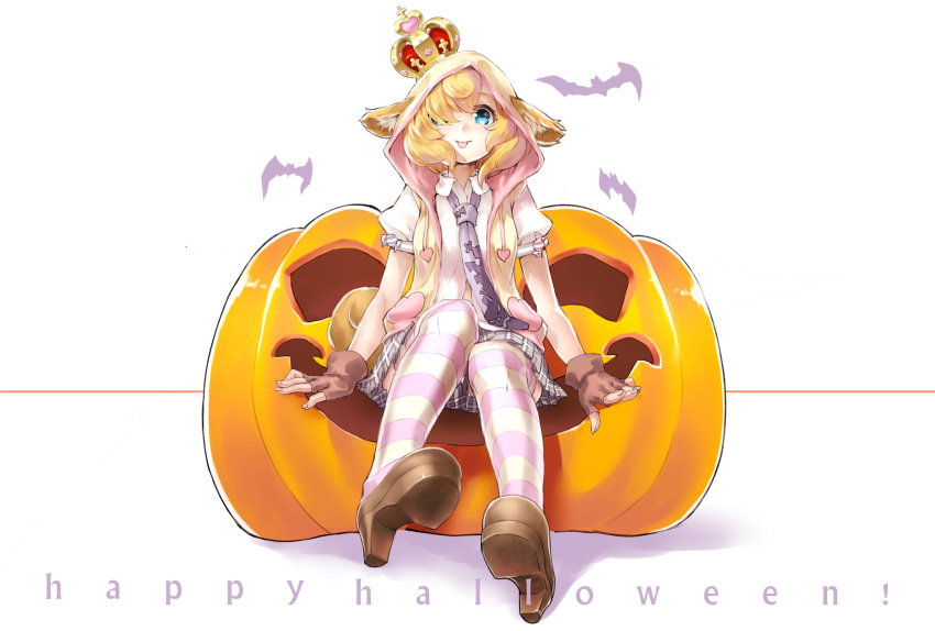 1girl :p animal_ears bat blonde_hair blue_eyes brown_gloves brown_shoes candy collared_shirt cross crown dress_shirt fingerless_gloves full_body gloves hair_over_one_eye halloween happy_halloween heart high_heels highres hoodie jack-o'-lantern looking_at_viewer loose_necktie necktie one_eye_covered original plaid plaid_skirt pleated_skirt puffy_short_sleeves puffy_sleeves pumpkin rin2008 shirt shoes short_hair short_sleeves sitting skirt solo striped striped_legwear tail thigh-highs tongue tongue_out white_shirt
