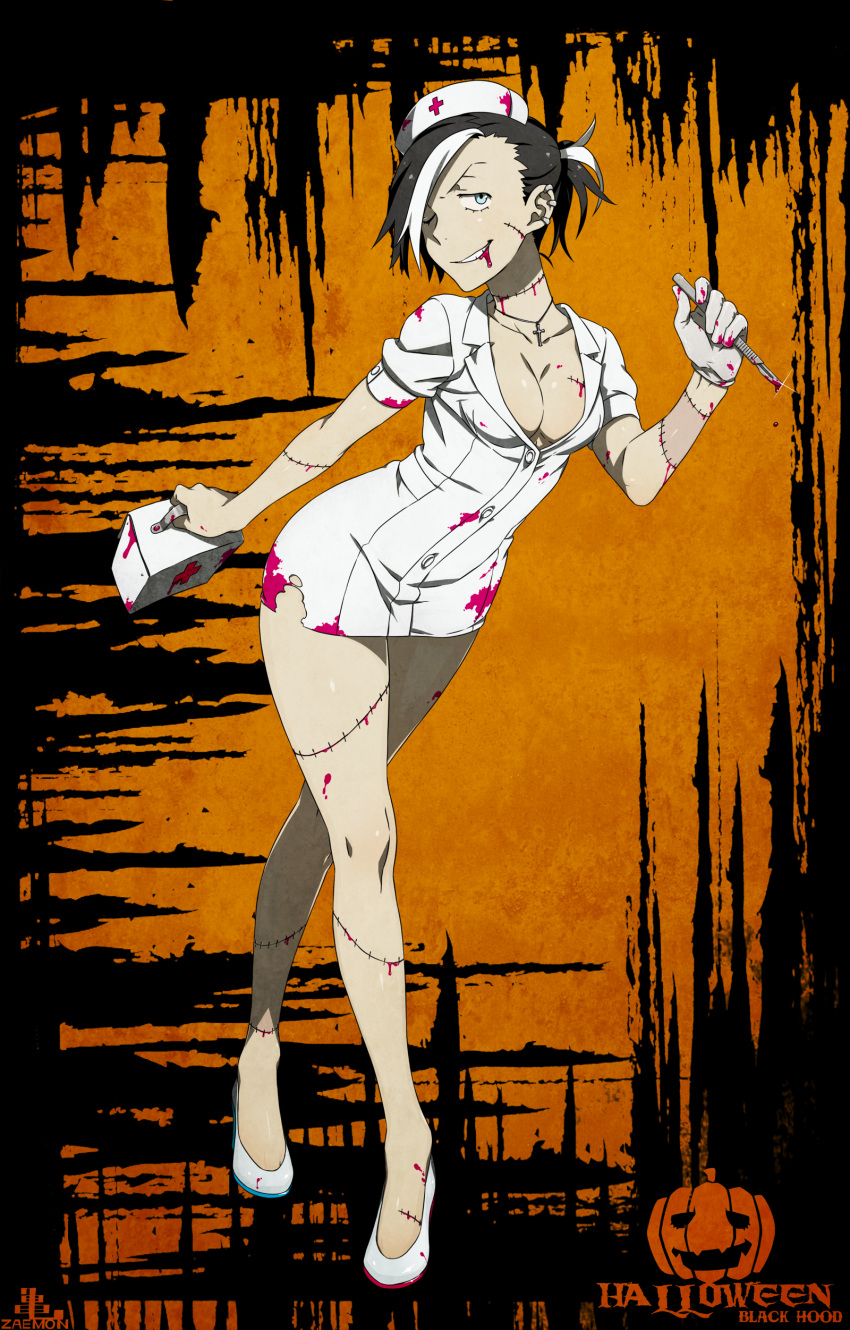 1girl absurdres bare_legs black_hair black_hood blood blood_from_mouth blue_eyes breasts cleavage cross dress first_aid_kit grin halloween hat highres jewelry kamezaemon multicolored_hair necklace nurse nurse_cap one_eye_closed original ponytail scalpel scar smile solo stitches two-tone_hair white_hair