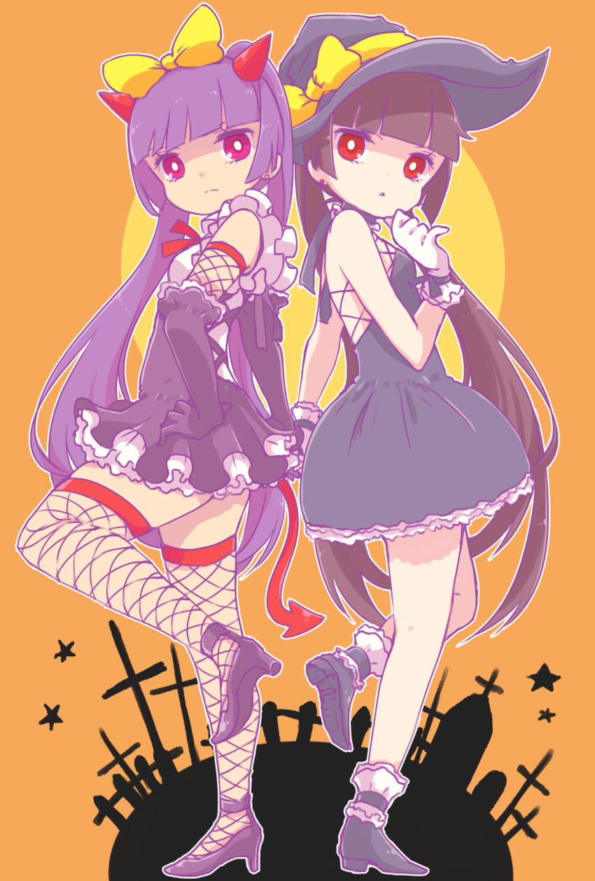 2girls black_hair bow dress earrings elbow_gloves fishnet_legwear fishnets gloves hair_bow hat high_heels highres jewelry long_hair multiple_girls pikomarie purple_hair puzzle_&amp;_dragons red_eyes thigh-highs twintails violet_eyes witch_hat yomi_(p&amp;d) zettai_ryouiki