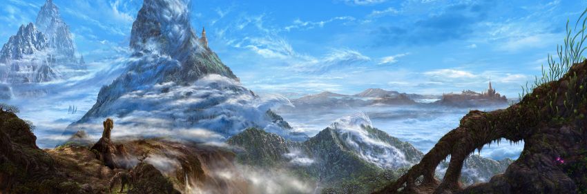 clouds dragon fantasy highres landscape long_image mountain original scenery sky ucchiey wide_image