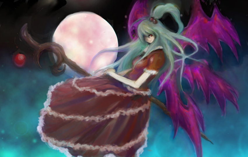 hair_bobbles hair_ornament hair_over_one_eye long_hair moon multiple_wings red_eyes shinki side_ponytail solo staff touhou unco_(pixiv457393) wings