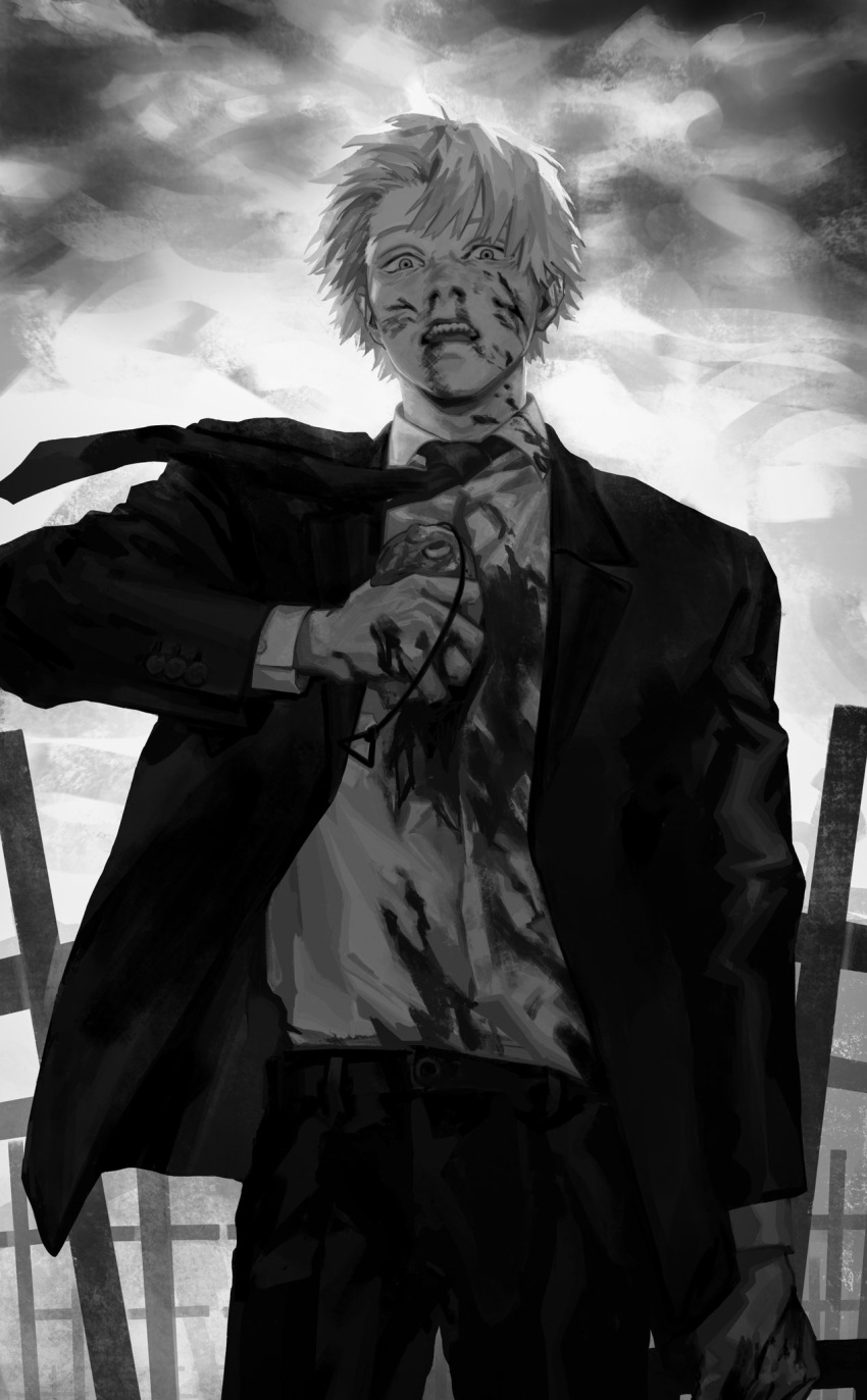 1boy bangs blazer blood blood_on_face bloody_clothes cable chainsaw_man collared_shirt cowboy_shot creature cross denji_(chainsaw_man) dress_shirt formal greyscale hand_up highres holding holding_another injury jacket latin_cross long_sleeves looking_at_viewer looking_down male_focus monochrome necktie nosebleed open_mouth pants pochita_(chainsaw_man) seki_(fyfyfy) sharp_teeth shirt shirt_tucked_in short_hair solo suit teeth