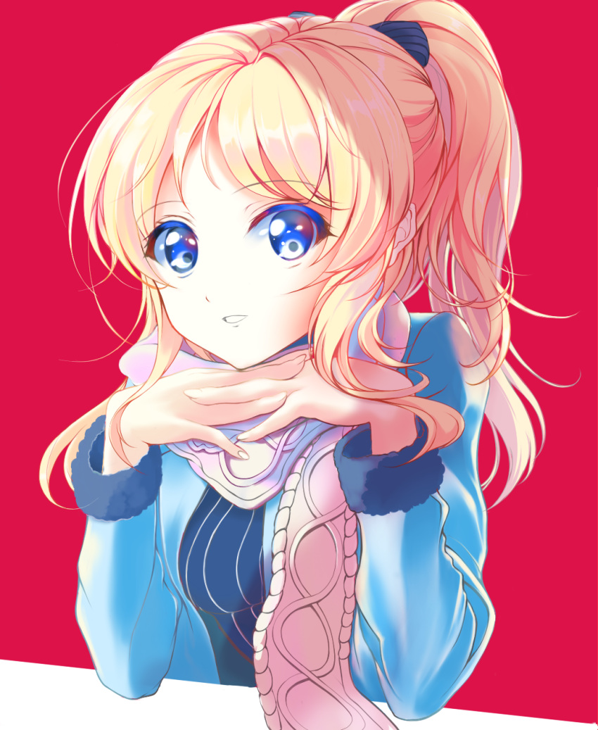 1girl 41y_(yooichiwai) ayase_eli blonde_hair blue_eyes highres looking_at_viewer love_live!_school_idol_project ponytail scarf smile solo