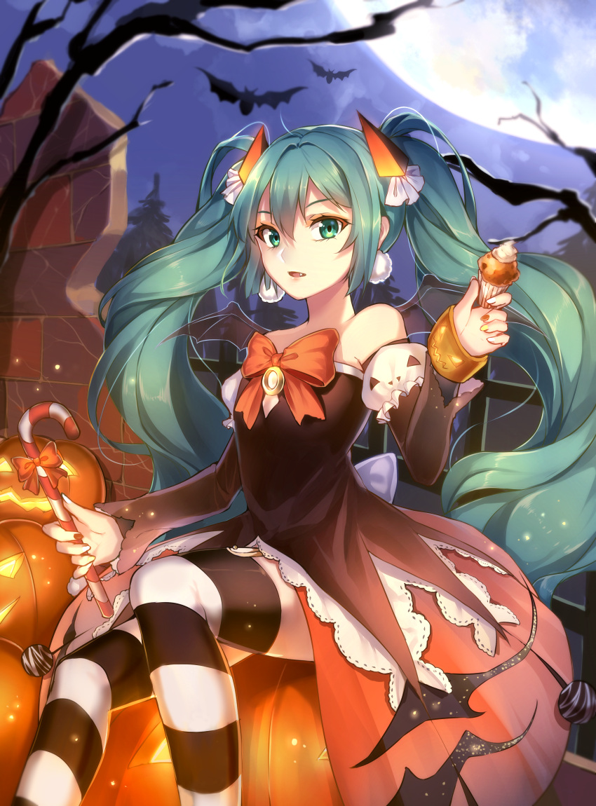 1girl aqua_eyes aqua_hair bat_wings candy candy_cane detached_sleeves halloween hatsune_miku highres long_hair pumpkin qingshui_ai solo striped striped_legwear thigh-highs twintails vocaloid wings