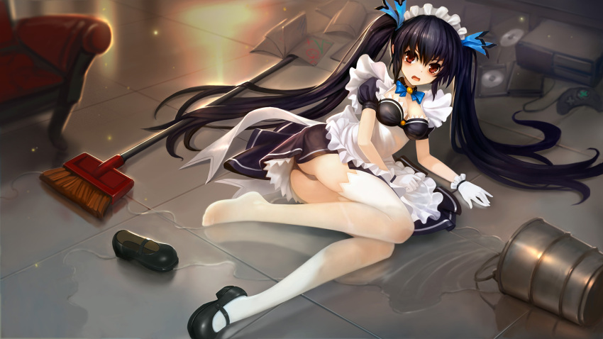 1girl apron armchair bangs black_dress black_hair black_panties blue_bow blush book bow breasts broom bucket cable cd cd_case chair cleavage copyright_request dress embarrassed fallen_down frilled_apron full_body game_console gloves hanshu highres long_hair looking_at_viewer lying maid maid_headdress on_floor on_side open_book open_mouth panties pantyshot pantyshot_(lying) pudding puffy_short_sleeves puffy_sleeves red_eyes ripples see-through shoes_removed short_sleeves single_shoe solo thigh-highs twintails underwear very_long_hair water watere wet wet_clothes white_gloves white_legwear