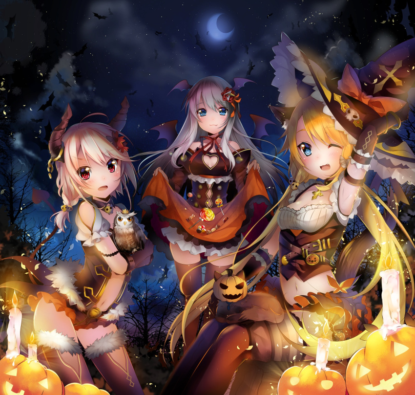 3girls :d ;d ahoge animal animal_ears arm_up armpits bare_shoulders bat bat_wings belt bird black_cat black_gloves black_legwear blonde_hair blue_eyes blush braid breasts brown_legwear butterfly_ornament candle candlelight candy cat cat_ears cat_tail center_opening cleavage cleavage_cutout collar crescent cross cross_necklace detached_sleeves duji_amo elbow_gloves fang flower frills gloves hair_flower hair_ornament halloween halloween_costume hand_behind_head hat head_wings highres holding_animal horns jack-o'-lantern lollipop looking_at_viewer midriff multiple_girls navel night night_sky one_eye_closed open_mouth orange_skirt original owl pumpkin pumpkin_mask red_eyes short_hair silver_hair single_braid sitting skirt skirt_lift skull_collar sky smile standing star_(sky) starry_sky sweets tail thigh-highs wings witch_hat zettai_ryouiki