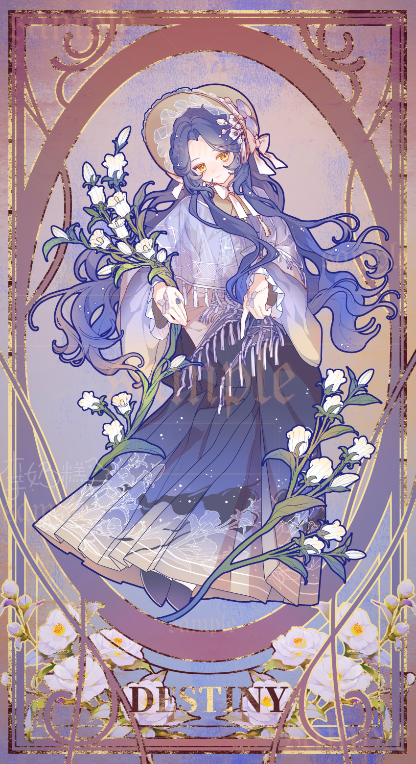 1girl absurdres blue_hair bonnet bow card_(medium) chinese_clothes dress english_text flower full_body hair_ornament hanfu hat highres holding holding_flower lao_muyu long_hair long_sleeves looking_at_viewer mamianqun original skirt solo standing tarot tarot_(medium) very_long_hair watermark wavy_hair white_flower yellow_eyes