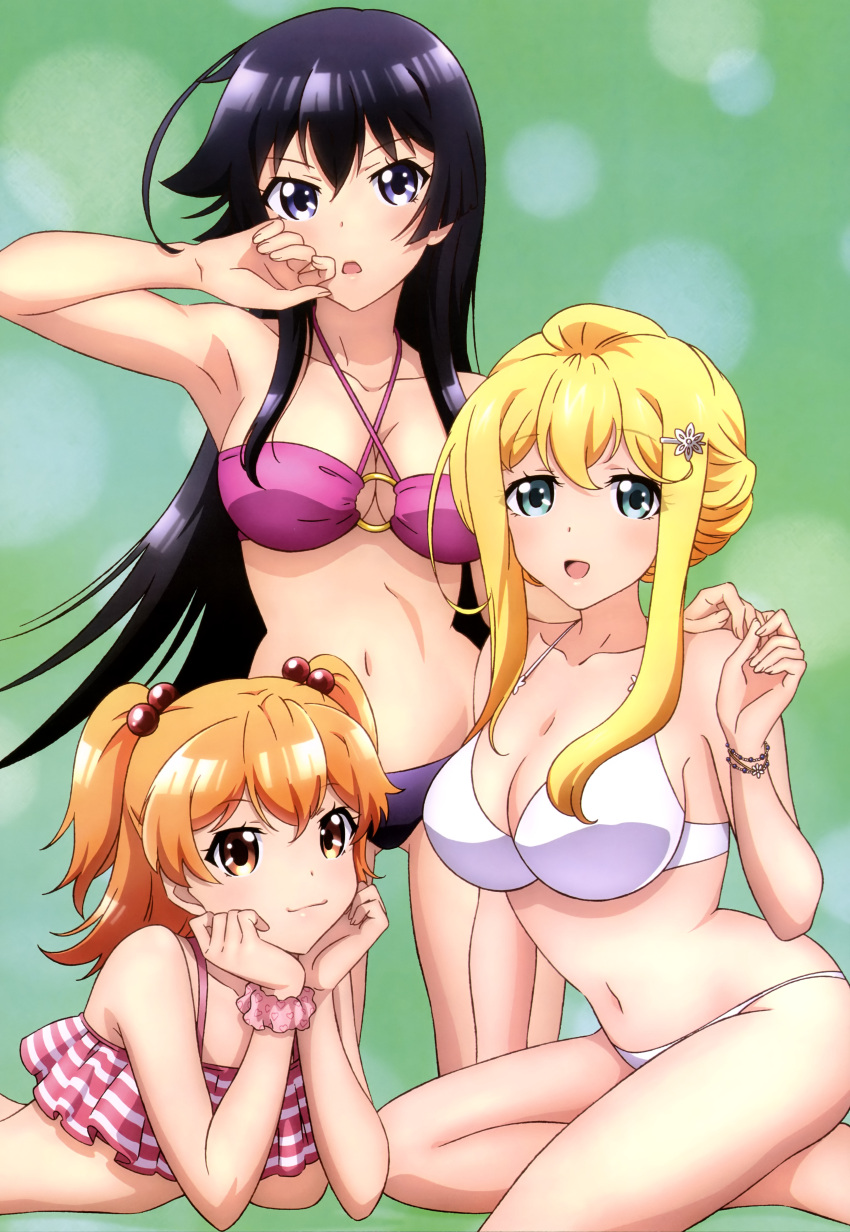 3girls absurdres bikini black_hair blonde_hair breasts character_request cleavage copyright_request highres long_hair multiple_girls nyantype official_art orange_hair smile swimsuit